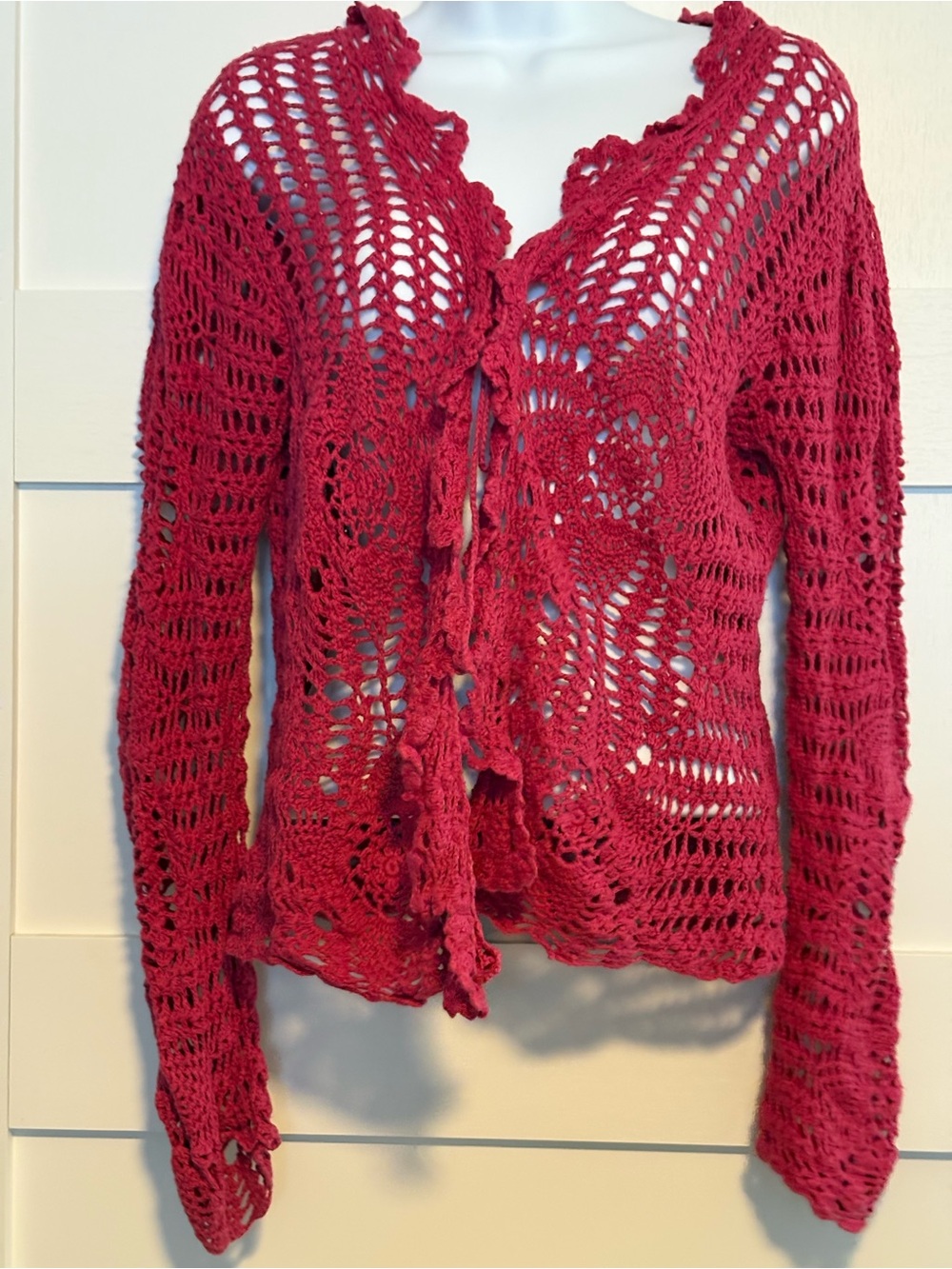 Openwork Crochet Tie-Front Cardigan in Raspberry